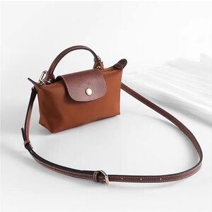 Longchamp | Le Pliage Cognac Original Pouch w Handle + Long Strap kit installed